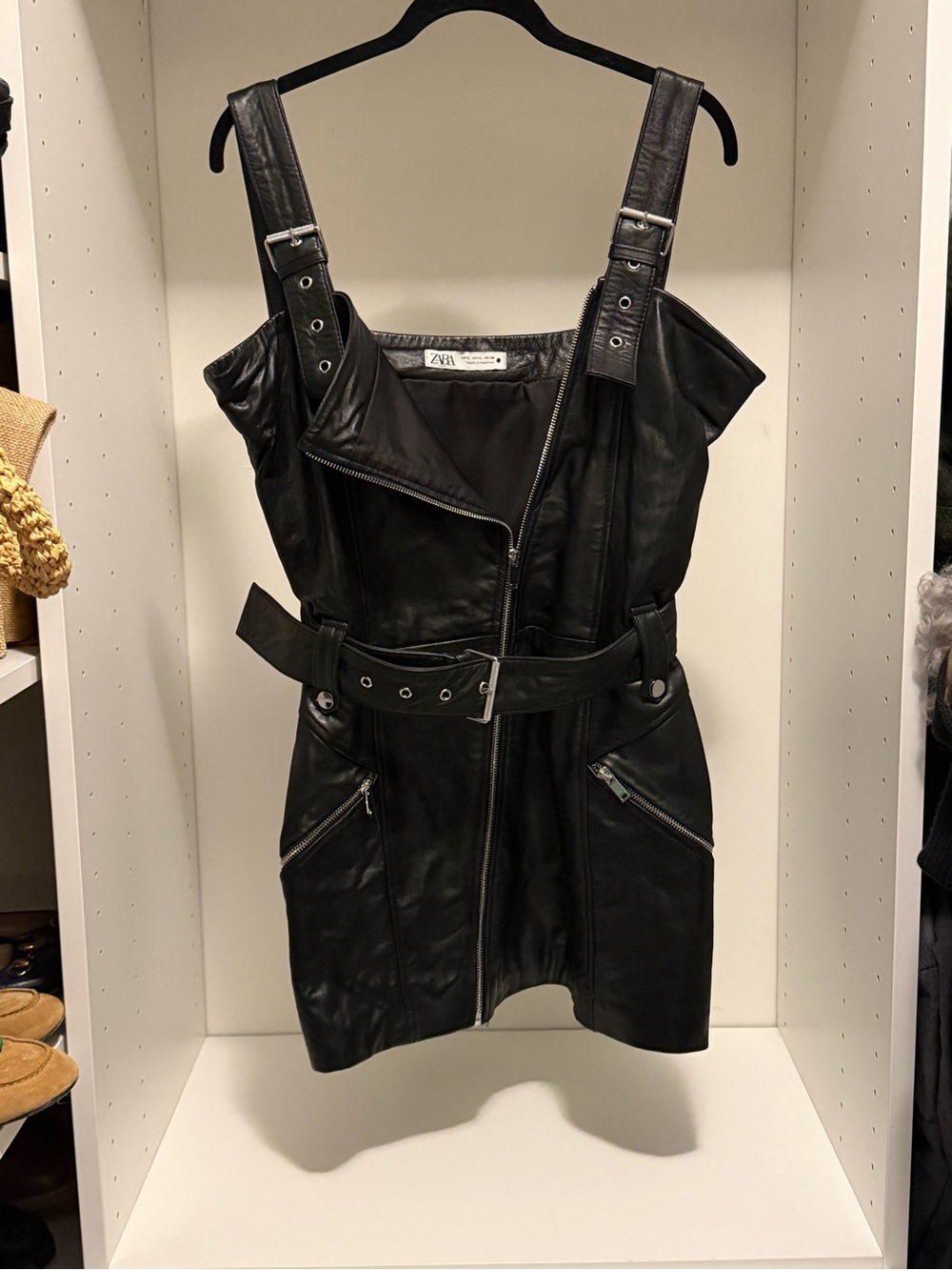 Zara Limited Edition 100% Sheep Leather Moto Mini Dress
